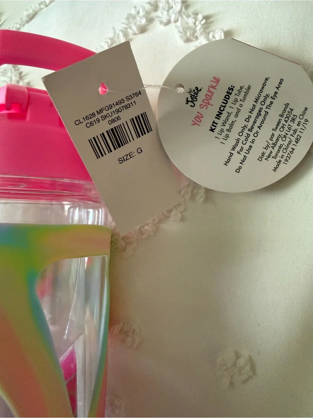 Justice Pink Lid Iridescent Sleeve Water Bottle with G Detail